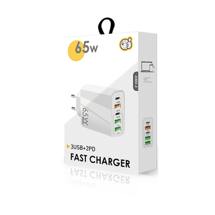 65W Dual PD Type-C + 3 x USB Multi Port Charger with 3A Type-C to Type-C Data Cable, US Plug, EU Plug + Type-C to Type-C Cable