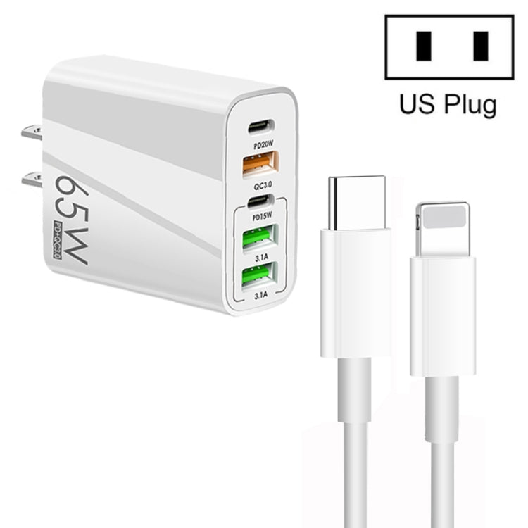 Chargeur multi-ports 65W double PD Type-C + 3 x USB avec câble de données 3A Type-C vers 8 broches, prise US, prise US + câble Type-C vers 8 broches