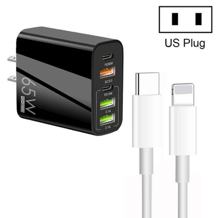 Chargeur multi-ports 65W double PD Type-C + 3 x USB avec câble de données 3A Type-C vers 8 broches, prise US, prise US + câble Type-C vers 8 broches