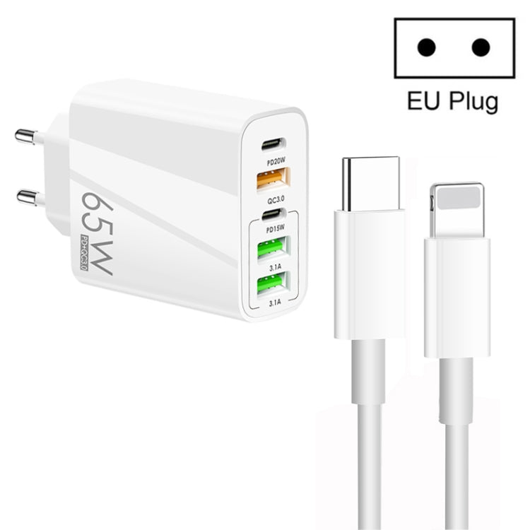 Chargeur multi-ports 65W double PD Type-C + 3 x USB avec câble de données 3A Type-C vers 8 broches, prise EU, prise EU + câble Type-C vers 8 broches