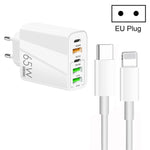 Chargeur multi-ports 65W double PD Type-C + 3 x USB avec câble de données 3A Type-C vers 8 broches, prise EU, prise EU + câble Type-C vers 8 broches