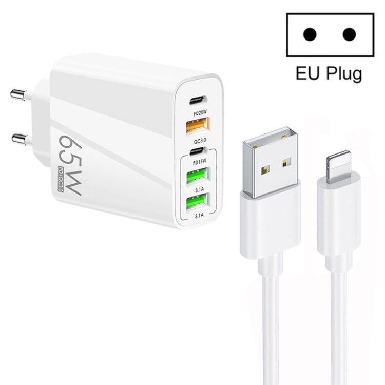 Chargeur multi-ports 65W double PD Type-C + 3 x USB avec câble de données 3A USB vers 8 broches, prise EU, prise EU + câble USB vers 8 broches