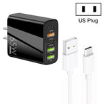 Chargeur multi-port 65W Double PD Type-C + 3 x USB avec câble de données USB 3A vers Type-C, prise US, prise US + câble USB vers Type-C