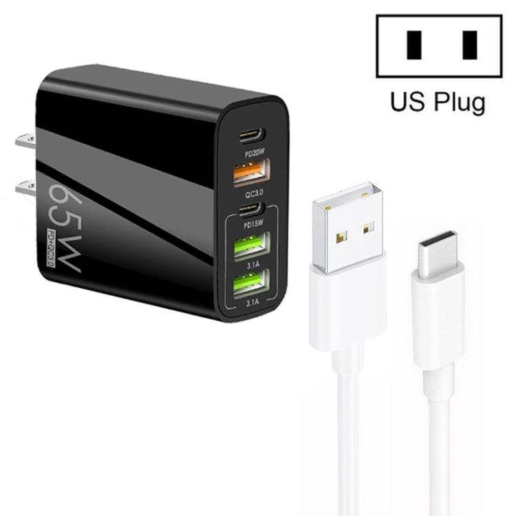 Chargeur multi-port 65W Double PD Type-C + 3 x USB avec câble de données USB 3A vers Type-C, prise US, prise US + câble USB vers Type-C