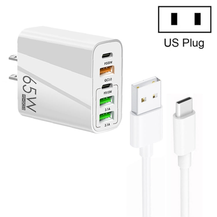 Chargeur multi-port 65W Double PD Type-C + 3 x USB avec câble de données USB 3A vers Type-C, prise US, prise US + câble USB vers Type-C