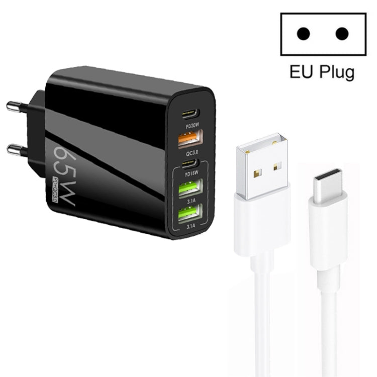 Chargeur multi-port 65W Double PD Type-C + 3 x USB avec câble de données USB 3A vers Type-C, prise EU, prise EU + câble USB vers Type-C