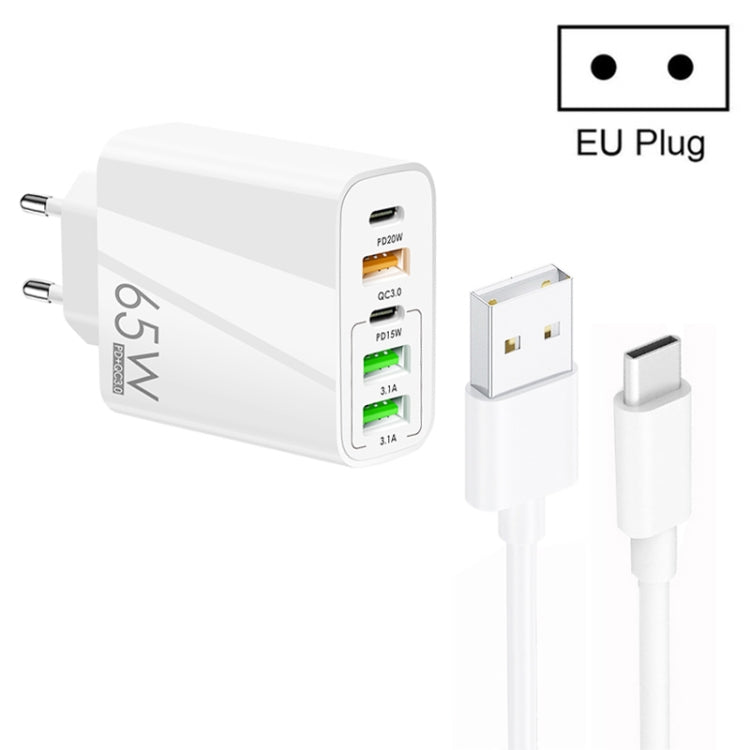 Chargeur multi-port 65W Double PD Type-C + 3 x USB avec câble de données USB 3A vers Type-C, prise EU, prise EU + câble USB vers Type-C