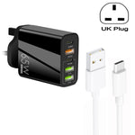 Chargeur multi-port 65W Double PD Type-C + 3 x USB avec câble de données USB 3A vers Type-C, prise UK, prise UK + câble USB vers Type-C