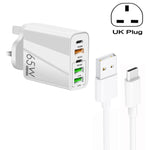 Chargeur multi-port 65W Double PD Type-C + 3 x USB avec câble de données USB 3A vers Type-C, prise UK, prise UK + câble USB vers Type-C