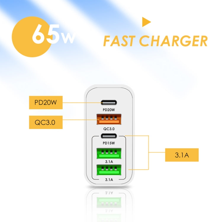 Chargeur multi-port 65W Double PD Type-C + 3 x USB avec câble de données USB 3A vers Type-C, prise UK, prise UK + câble USB vers Type-C