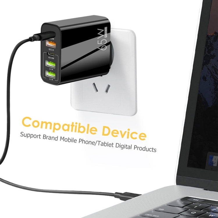 Chargeur multi-port 65W Double PD Type-C + 3 x USB avec câble de données USB 3A vers Type-C, prise UK, prise UK + câble USB vers Type-C