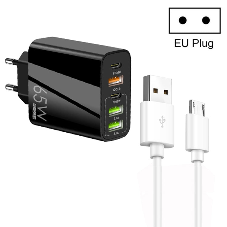 Chargeur multi-port 65W Double PD Type-C + 3 x USB avec câble de données USB 3A vers Micro USB, prise EU, prise EU + câble USB vers Micro USB
