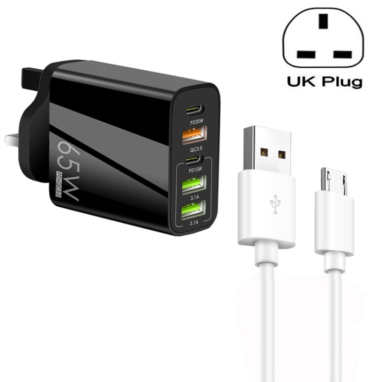 Chargeur multi-port 65W Double PD Type-C + 3 x USB avec câble de données USB 3A vers Micro USB, prise UK, prise UK + câble USB vers Micro USB