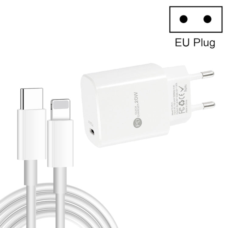 Chargeur rapide PD11 port unique PD3.0 USB-C / Type-C 20W avec câble de données Type-C vers 8 broches de 1m, prise EU, prise EU + câble Type-C vers 8 broches
