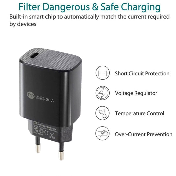 Chargeur rapide PD11 port unique PD3.0 USB-C / Type-C 20W avec câble de données Type-C vers 8 broches de 1m, prise EU, prise EU + câble Type-C vers 8 broches
