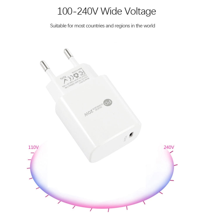 PD11 Single PD3.0 USB-C / Type-C 20W Fast Charger with 1m Type-C to Type-C Data Cable, EU Plug, EU Plug + Type-C to Type-C Cable