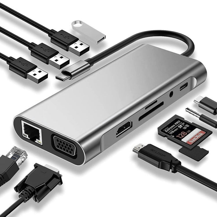 Hub USB C, adaptateur USB C 11 en 1 avec HDMI 4K, VGA, Type C PD, USB3.0, Ethernet RJ45, lecteur de carte SD/TF, AUX 3,5 mm, station d'accueil compatible MacBook Pro/Air, autres ordinateurs portables et appareils Type C