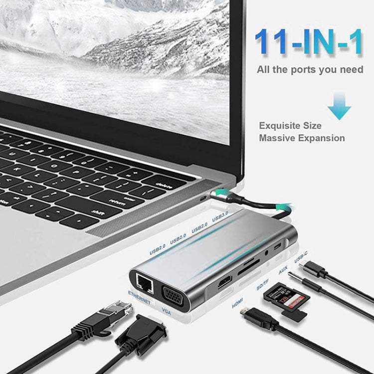 Hub USB C, adaptateur USB C 11 en 1 avec HDMI 4K, VGA, Type C PD, USB3.0, Ethernet RJ45, lecteur de carte SD/TF, AUX 3,5 mm, station d'accueil compatible MacBook Pro/Air, autres ordinateurs portables et appareils Type C