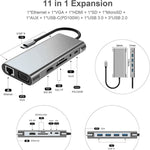 Hub USB C, adaptateur USB C 11 en 1 avec HDMI 4K, VGA, Type C PD, USB3.0, Ethernet RJ45, lecteur de carte SD/TF, AUX 3,5 mm, station d'accueil compatible MacBook Pro/Air, autres ordinateurs portables et appareils Type C