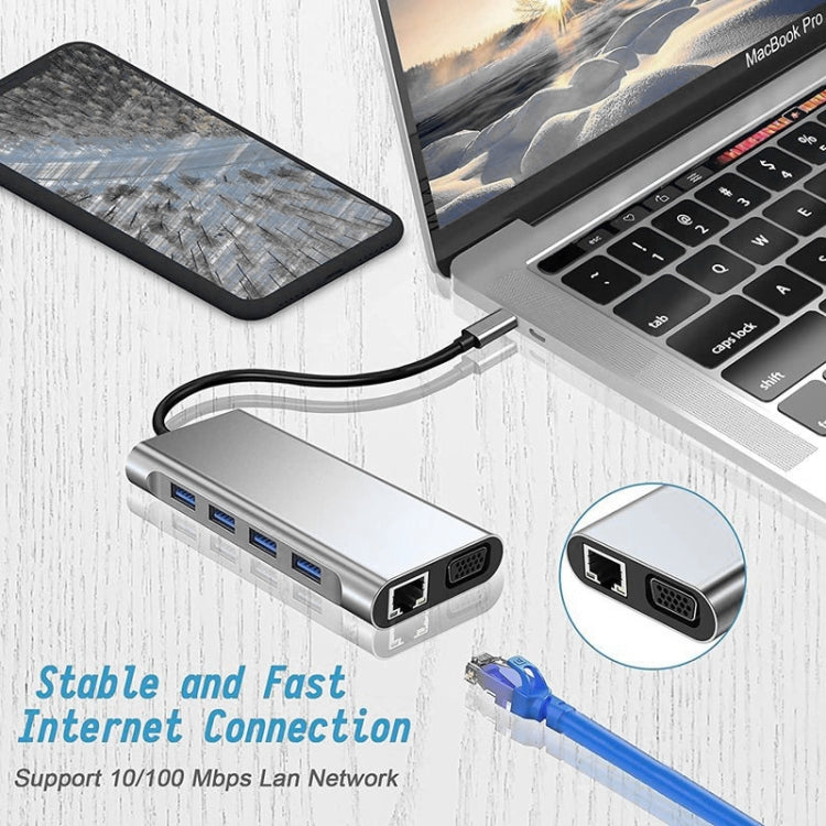 Hub USB C, adaptateur USB C 11 en 1 avec HDMI 4K, VGA, Type C PD, USB3.0, Ethernet RJ45, lecteur de carte SD/TF, AUX 3,5 mm, station d'accueil compatible MacBook Pro/Air, autres ordinateurs portables et appareils Type C