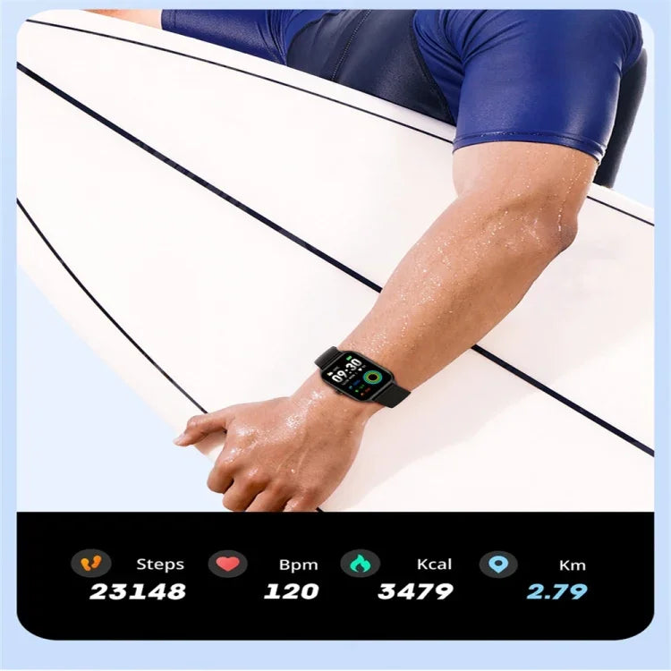 Montre connectée P58 avec écran couleur de 1,96 pouce, compatible avec la surveillance de la fréquence cardiaque et de la pression artérielle.