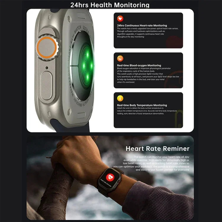 Montre connectée W800 Ultra avec écran couleur de 2,02 pouces, compatible avec la surveillance de la fréquence cardiaque et de la pression artérielle.