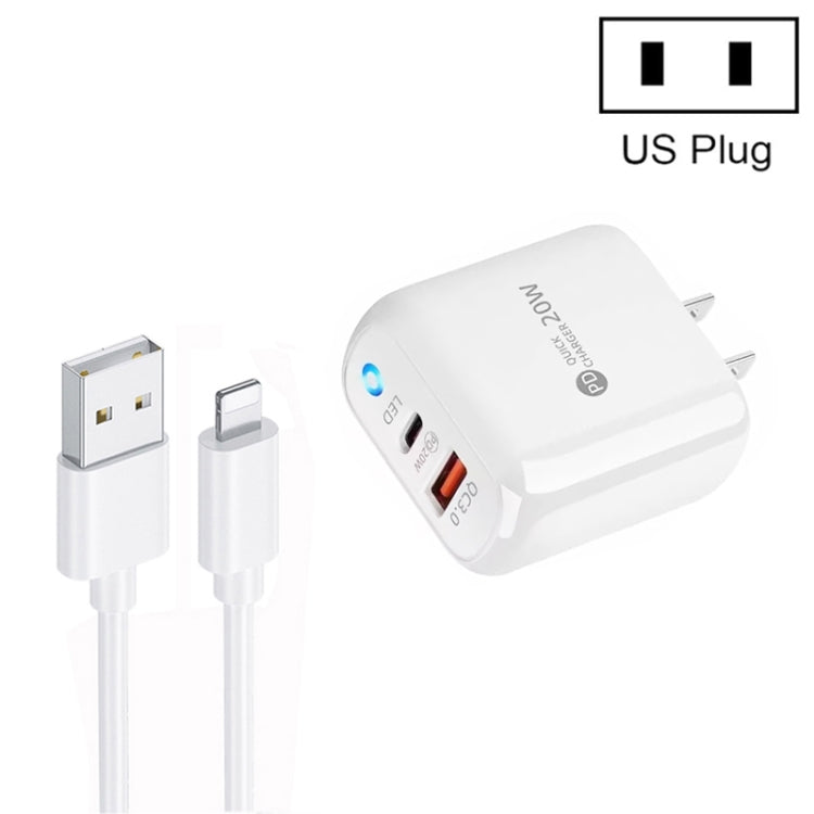 Chargeur de téléphone mobile PD04 Type-C + USB avec câble USB vers 8 broches, prise US, prise US + câble USB vers 8 broches