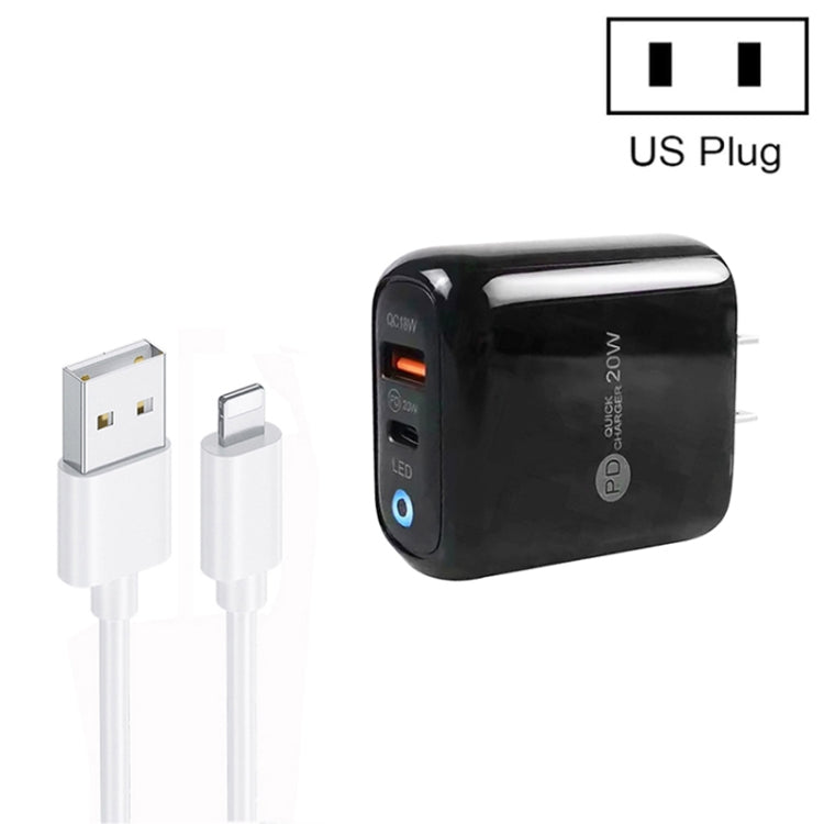 Chargeur de téléphone mobile PD04 Type-C + USB avec câble USB vers 8 broches, prise US, prise US + câble USB vers 8 broches