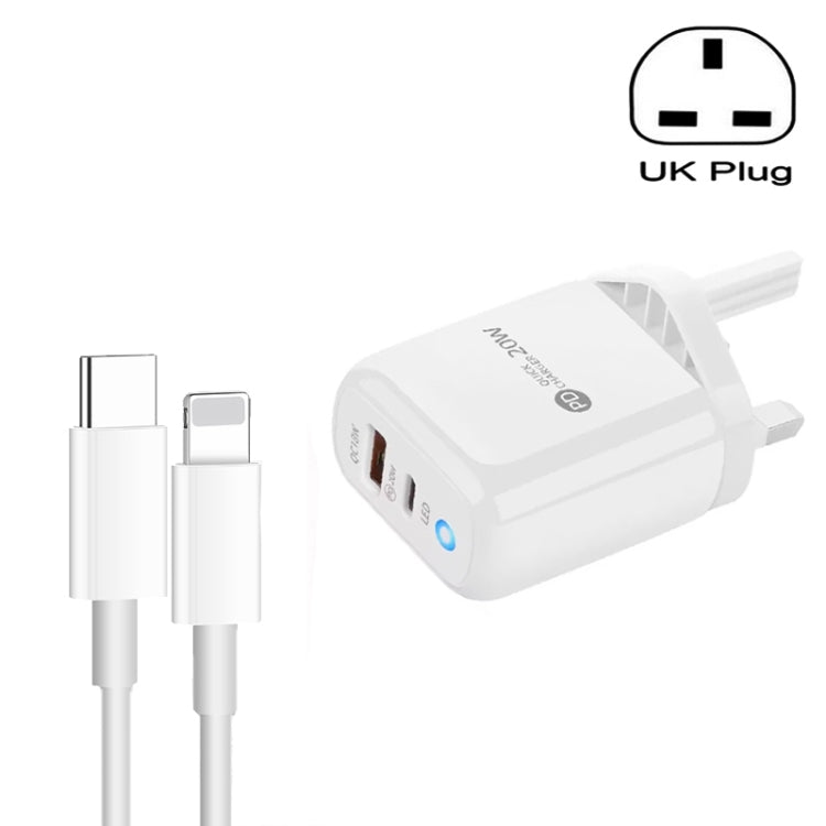 Chargeur de téléphone mobile PD04 Type-C + USB avec câble Type-C vers 8 broches, prise UK, prise UK + câble Type-C vers 8 broches