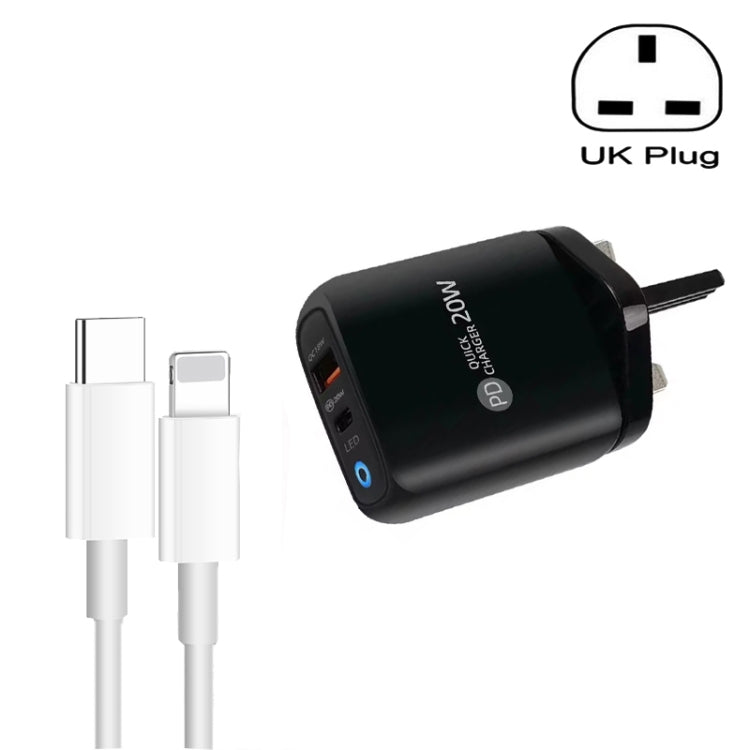 Chargeur de téléphone mobile PD04 Type-C + USB avec câble Type-C vers 8 broches, prise UK, prise UK + câble Type-C vers 8 broches