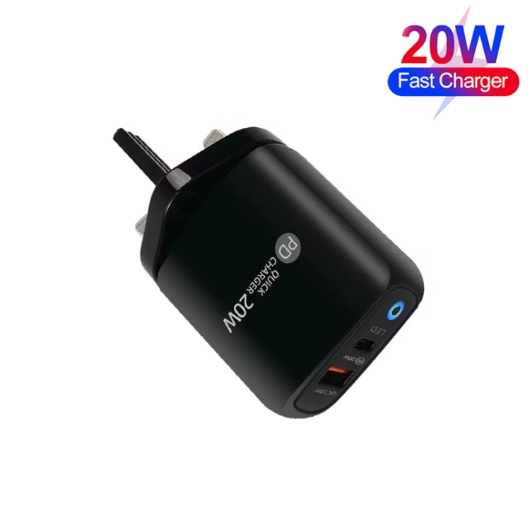 Chargeur de téléphone mobile PD04 Type-C + USB avec câble Type-C vers 8 broches, prise UK, prise UK + câble Type-C vers 8 broches