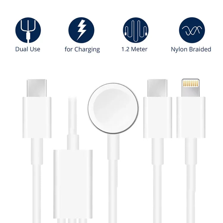Pour Apple Watch Series et téléphone avec double prise Type-C, câble de charge magnétique USB 3-en-1 de 1,2 m (4 pieds), DS-XB020