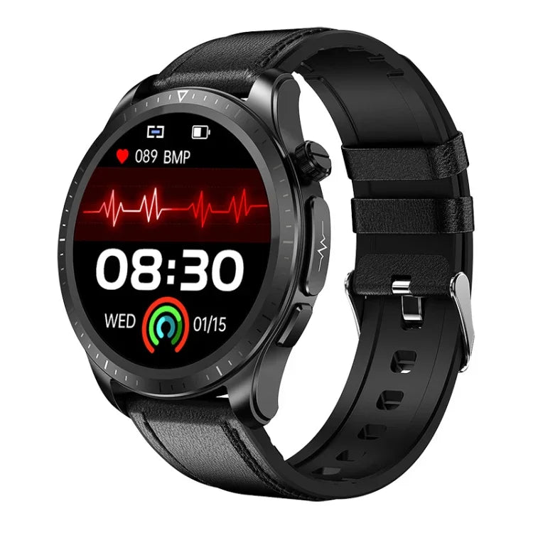 Montre connectée E420 avec écran couleur de 1,39 pouce, bracelet en cuir, compatible avec la surveillance de la fréquence cardiaque et de la pression artérielle.