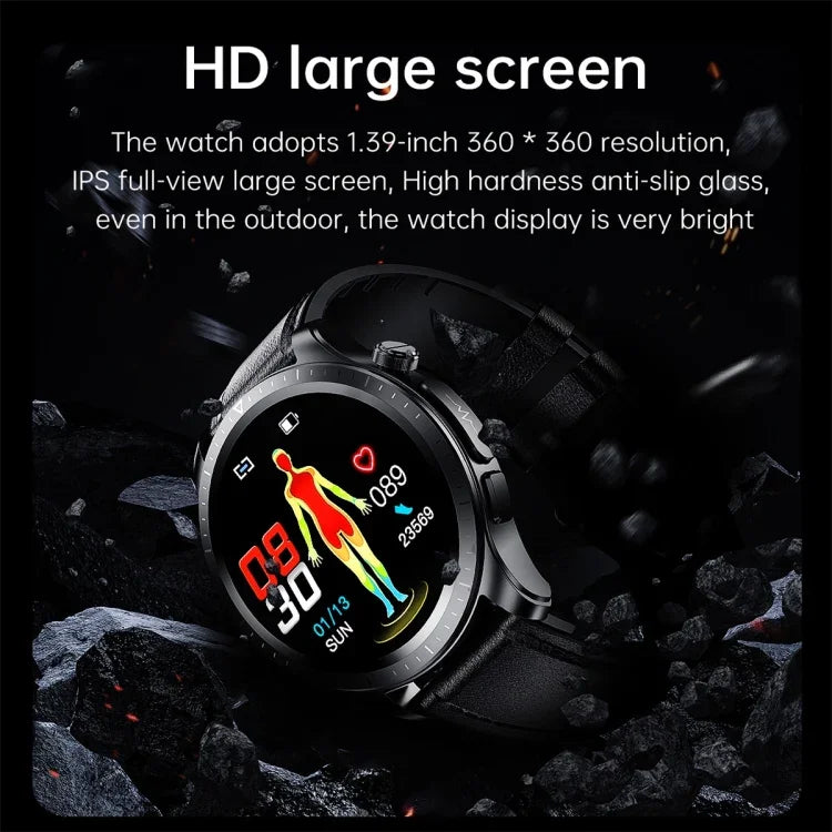 Montre connectée E420 avec écran couleur de 1,39 pouce, bracelet en cuir, compatible avec la surveillance de la fréquence cardiaque et de la pression artérielle.