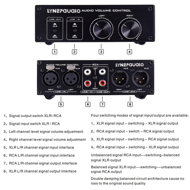 Contrôleur de volume commutateur 2 entrées 2 sorties, commutation de signal RCA vers signal équilibré XLR sans alimentation. Fournit interfaces RCA et XLR, réglage indépendant du volume des canaux L/R, adapté aux appareils nécessitant un réglage de volume