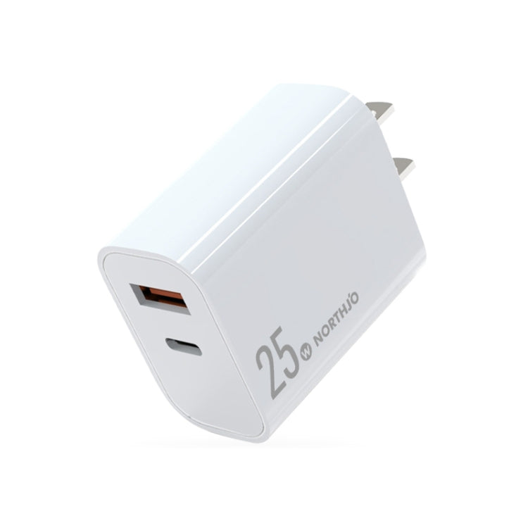 Chargeur rapide à double port NORTHJO NOPD2502 PD 25W USB-C/Type-C + QC 3.0 USB, prise US, prise EU, prise UK, prise AU