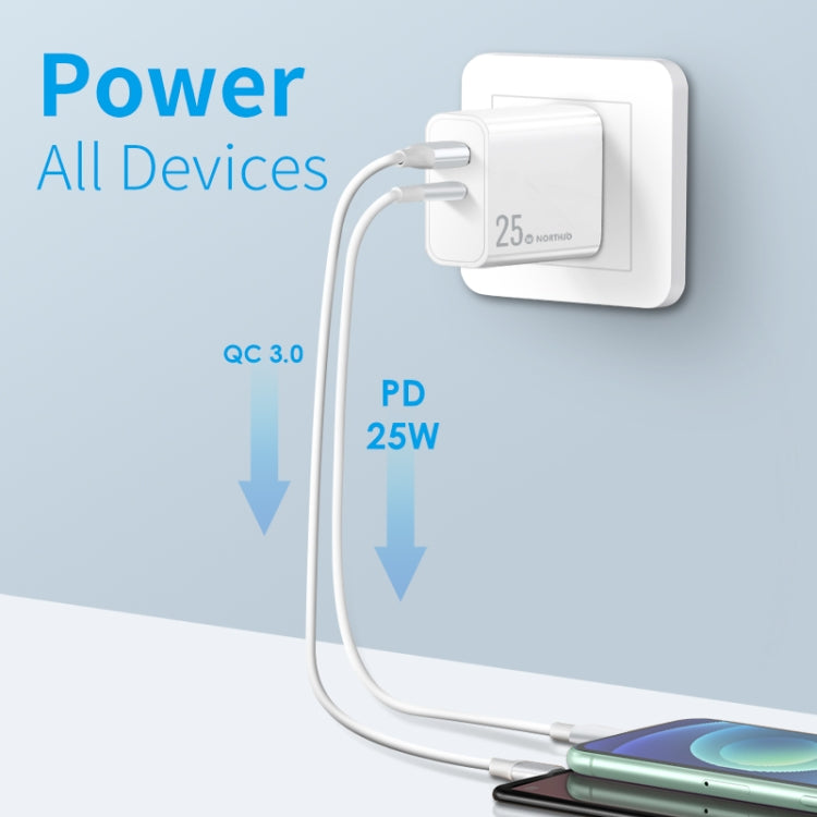 Chargeur rapide à double port NORTHJO NOPD2502 PD 25W USB-C/Type-C + QC 3.0 USB, prise US, prise EU, prise UK, prise AU