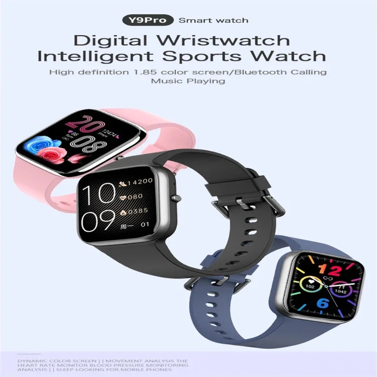 Montre connectée Y9 Pro avec écran couleur de 1,85 pouce, compatible avec la surveillance de la fréquence cardiaque et de la pression artérielle.