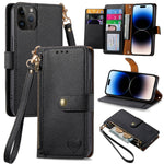 Coque de téléphone en cuir avec fermeture éclair et dragonne, pour iPhone 14 Pro Max, pour iPhone 7 / 8 / SE 2022, pour iPhone 13 Pro Max, pour iPhone 13 Pro, pour iPhone 13, pour iPhone 13 mini, pour iPhone 12 mini, pour iPhone 12 / 12 Pro