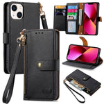 Coque de téléphone en cuir avec fermeture éclair et dragonne, pour iPhone 14 Pro Max, pour iPhone 7 / 8 / SE 2022, pour iPhone 13 Pro Max, pour iPhone 13 Pro, pour iPhone 13, pour iPhone 13 mini, pour iPhone 12 mini, pour iPhone 12 / 12 Pro