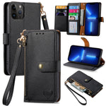 Coque de téléphone en cuir avec fermeture éclair et dragonne, pour iPhone 14 Pro Max, pour iPhone 7 / 8 / SE 2022, pour iPhone 13 Pro Max, pour iPhone 13 Pro, pour iPhone 13, pour iPhone 13 mini, pour iPhone 12 mini, pour iPhone 12 / 12 Pro