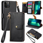 Coque de téléphone en cuir avec fermeture éclair et dragonne, pour iPhone 14 Pro Max, pour iPhone 7 / 8 / SE 2022, pour iPhone 13 Pro Max, pour iPhone 13 Pro, pour iPhone 13, pour iPhone 13 mini, pour iPhone 12 mini, pour iPhone 12 / 12 Pro