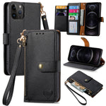 Coque de téléphone en cuir avec fermeture éclair et dragonne, pour iPhone 14 Pro Max, pour iPhone 7 / 8 / SE 2022, pour iPhone 13 Pro Max, pour iPhone 13 Pro, pour iPhone 13, pour iPhone 13 mini, pour iPhone 12 mini, pour iPhone 12 / 12 Pro