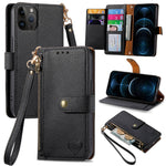 Coque de téléphone en cuir avec fermeture éclair et dragonne, pour iPhone 14 Pro Max, pour iPhone 7 / 8 / SE 2022, pour iPhone 13 Pro Max, pour iPhone 13 Pro, pour iPhone 13, pour iPhone 13 mini, pour iPhone 12 mini, pour iPhone 12 / 12 Pro