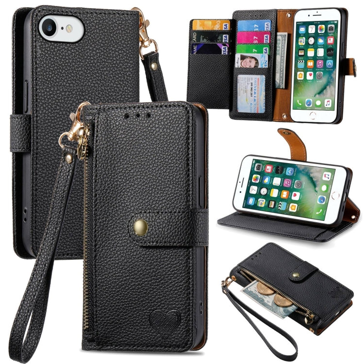 Étui de téléphone en cuir avec lanière à fermeture éclair Love, Pour iPhone 12 Pro Max, Pour iPhone 11 Pro Max, Pour iPhone 11, Pour iPhone 11 Pro, Pour iPhone X / XS, Pour iPhone XR, Pour iPhone XS Max, Pour iPhone 7 Plus / 8 Plus