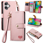 Étui téléphone en cuir avec lanière à fermeture éclair Love, pour iPhone 17e / 16e, pour iPhone 17 Pro Max, pour iPhone 17 Pro, pour iPhone 17, pour iPhone Air, pour iPhone 16 Pro Max, pour iPhone 16 Pro, pour iPhone 16 Plus