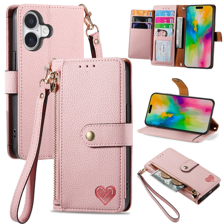 Étui téléphone en cuir avec lanière à fermeture éclair Love, pour iPhone 17e / 16e, pour iPhone 17 Pro Max, pour iPhone 17 Pro, pour iPhone 17, pour iPhone Air, pour iPhone 16 Pro Max, pour iPhone 16 Pro, pour iPhone 16 Plus