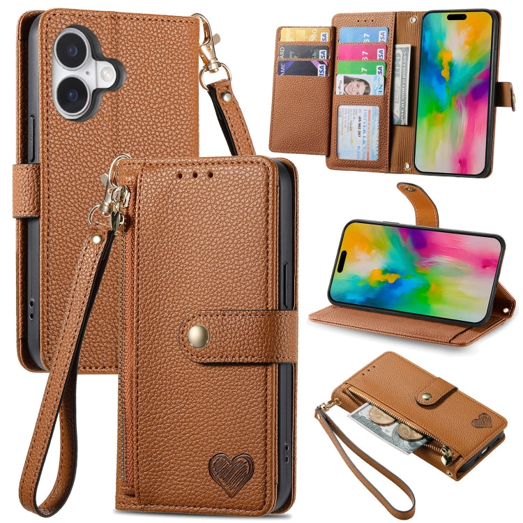 Étui téléphone en cuir avec lanière à fermeture éclair Love, pour iPhone 17e / 16e, pour iPhone 17 Pro Max, pour iPhone 17 Pro, pour iPhone 17, pour iPhone Air, pour iPhone 16 Pro Max, pour iPhone 16 Pro, pour iPhone 16 Plus