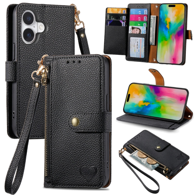 Étui téléphone en cuir avec lanière à fermeture éclair Love, pour iPhone 17e / 16e, pour iPhone 17 Pro Max, pour iPhone 17 Pro, pour iPhone 17, pour iPhone Air, pour iPhone 16 Pro Max, pour iPhone 16 Pro, pour iPhone 16 Plus