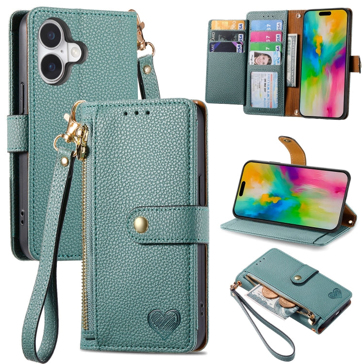 Étui téléphone en cuir avec lanière à fermeture éclair Love, pour iPhone 17e / 16e, pour iPhone 17 Pro Max, pour iPhone 17 Pro, pour iPhone 17, pour iPhone Air, pour iPhone 16 Pro Max, pour iPhone 16 Pro, pour iPhone 16 Plus
